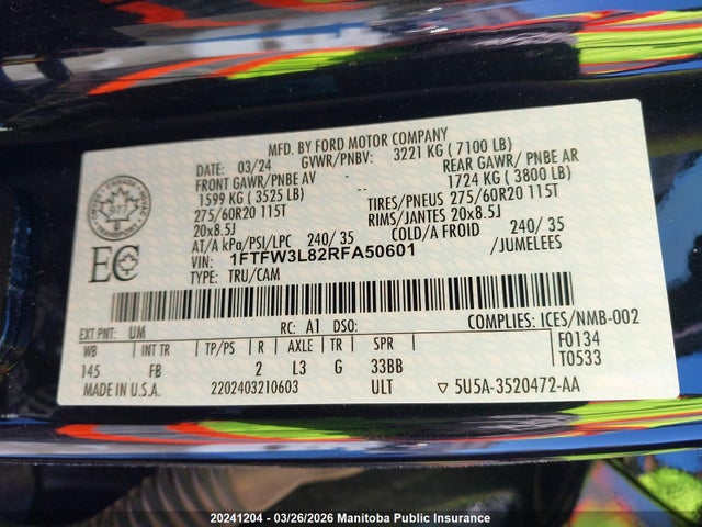 20241204 :رقم المزاد ، 1FTFW3L82RFA50601 vin ، 2024 Ford F150 Xlt Supercrew مزاد بيع