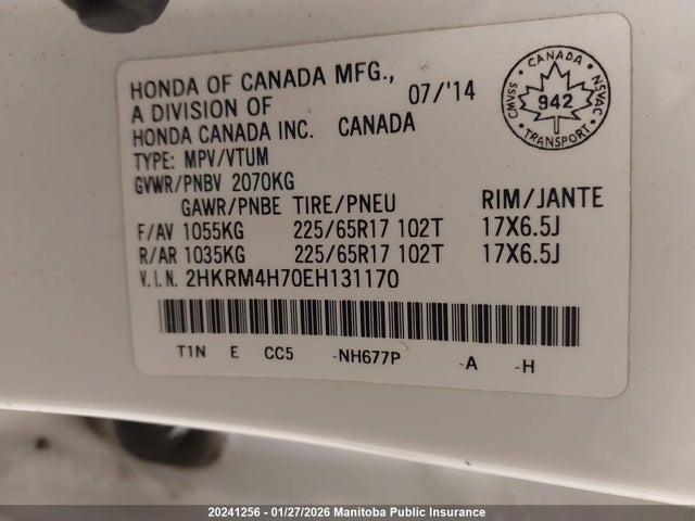 2HKRM4H70EH131170 Honda Cr-v Ex-l