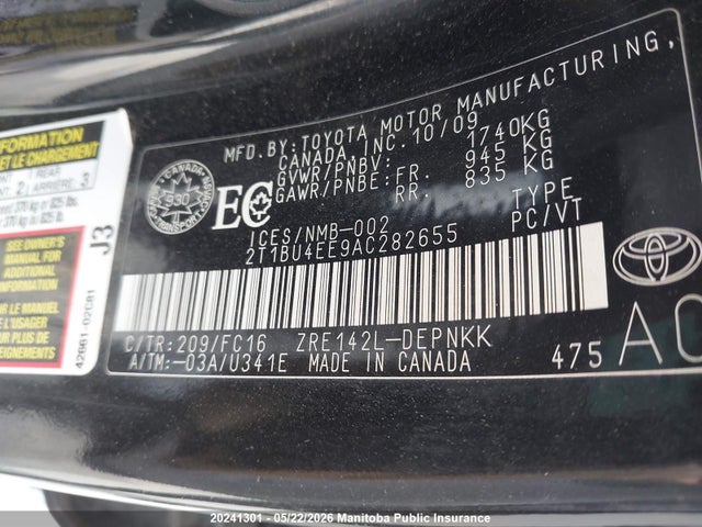 20241301 :رقم المزاد ، 2T1BU4EE9AC282655 vin ، 2010 Toyota Corolla Le مزاد بيع