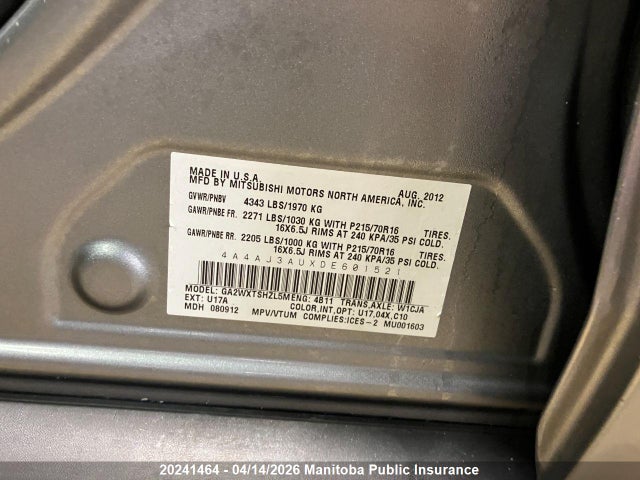 20241464 :رقم المزاد ، 4A4AJ3AUXDE601521 vin ، 2013 Mitsubishi Rvr Se مزاد بيع