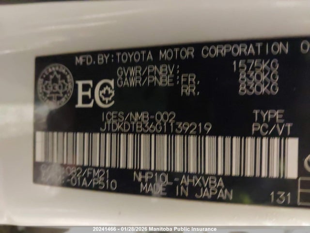 JTDKDTB36G1139219 Toyota PRIUS C
