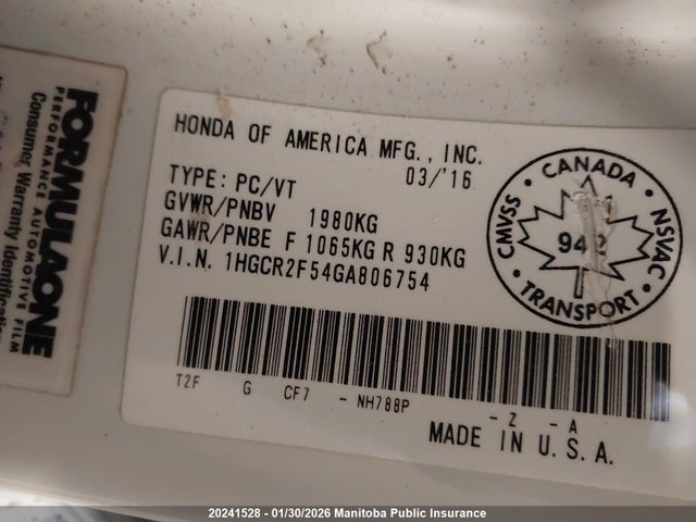 1HGCR2F54GA806754 Honda Accord Sport