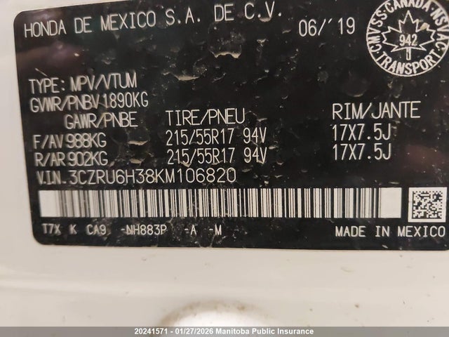 3CZRU6H38KM106820 Honda HR-V LX
