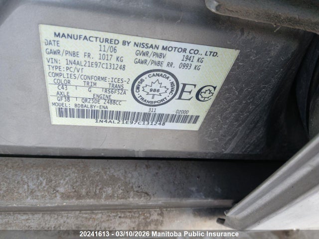2007 Nissan Altima 2.5 S მანქანა იყიდება აუქციონზე, vin: 1N4AL21E97C131248, აუქციონის ნომერი: 20241613