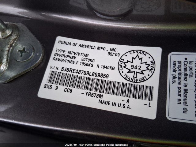 Auction sale of the 2009 Honda Cr-v Ex-l, vin: 5J6RE48709L809859, lot number: 20241749