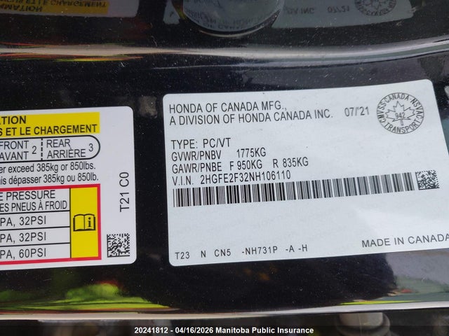 2HGFE2F32NH106110 Honda CIVIC EX
