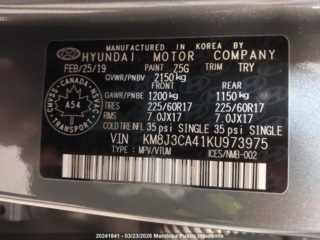 20241841 :رقم المزاد ، KM8J3CA41KU973975 vin ، 2019 Hyundai Tucson Preferred مزاد بيع