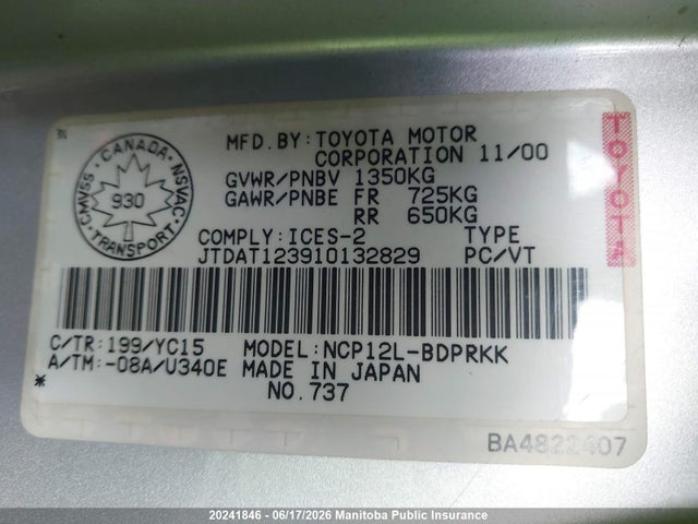 2001 Toyota Echo მანქანა იყიდება აუქციონზე, vin: JTDAT123910132829, აუქციონის ნომერი: 20241846
