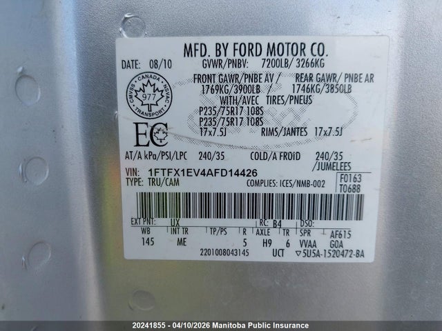 Продажа на аукционе авто 2010 Ford F150 Xlt Supercab, vin: 1FTFX1EV4AFD14426, номер лота: 20241855