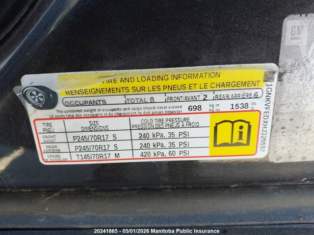 1GNKVFEDXHJ325597 Chevrolet Traverse Ls