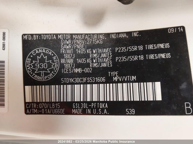 Aukcja sprzedaży 2015 Toyota Sienna Limited V6, vin: 5TDYK3DC3FS531606, numer aukcji: 20241882
