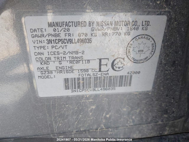 Aukcja sprzedaży 2020 Nissan Kicks Sv, vin: 3N1CP5CV9LL496035, numer aukcji: 20241907