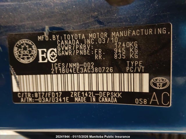 Продаж на аукціоні авто 2010 Toyota Corolla S, vin: 2T1BU4EE3AC380726, номер лоту: 20241944