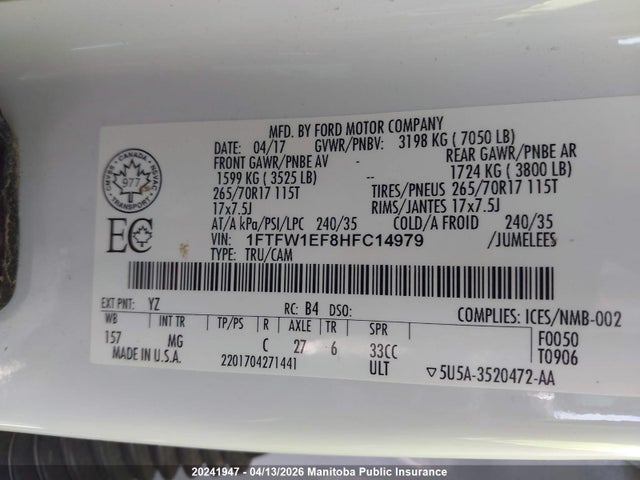 Продаж на аукціоні авто 2017 Ford F150 Xlt Supercrew, vin: 1FTFW1EF8HFC14979, номер лоту: 20241947
