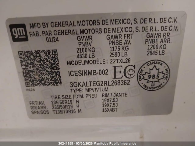 20241958 :رقم المزاد ، 3GKALTEG2RL268362 vin ، 2024 Gmc Terrain Sle مزاد بيع