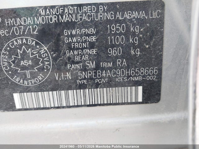 2013 Hyundai Sonata Gls მანქანა იყიდება აუქციონზე, vin: 5NPEB4AC9DH658666, აუქციონის ნომერი: 20241960