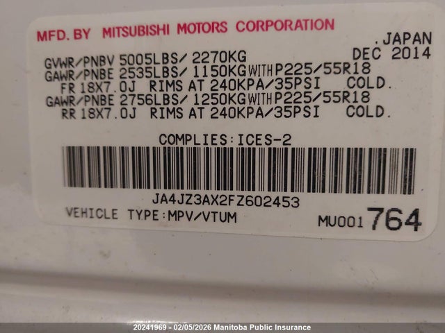 JA4JZ3AX2FZ602453 Mitsubishi Outlander Se