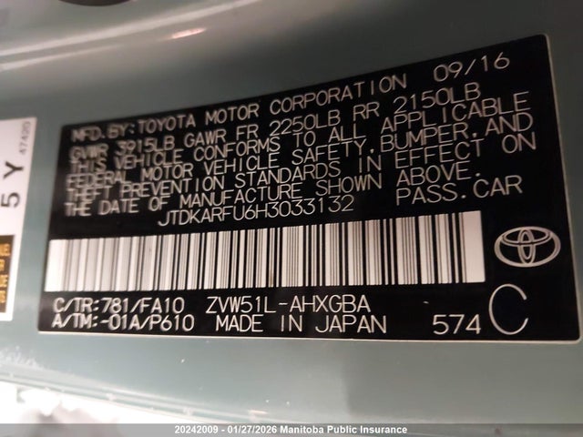 JTDKARFU6H3033132 Toyota Prius
