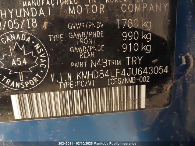 KMHD84LF4JU643054 Hyundai ELANTRA GL