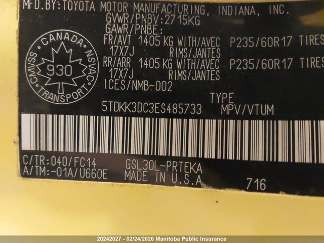 5TDKK3DC3ES485733 Toyota Sienna Le V6