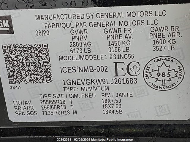1GNEVGKW9LJ261683 Chevrolet Traverse Lt