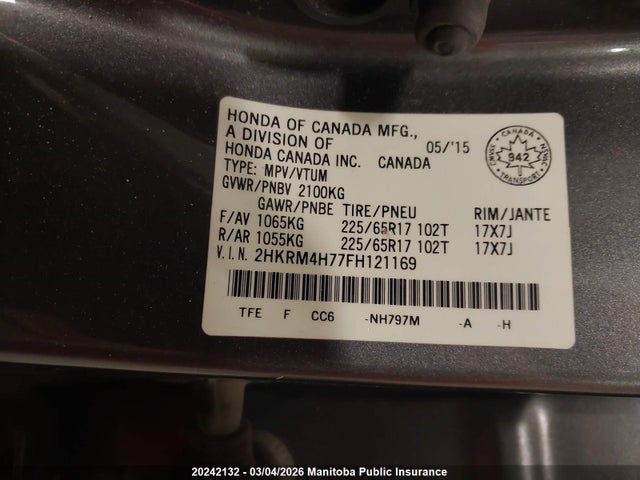2HKRM4H77FH121169 Honda Cr-v Ex-l