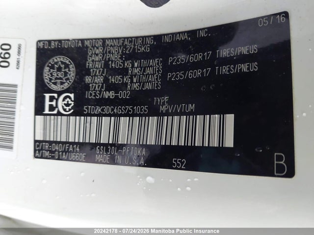 Продаж на аукціоні авто 2016 Toyota Sienna Se V6, vin: 5TDZK3DC4GS751035, номер лоту: 20242178