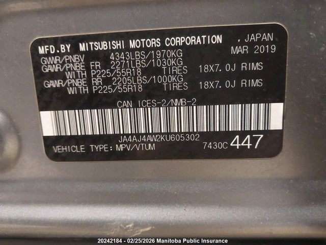 JA4AJ4AW2KU605302 Mitsubishi Rvr Gt