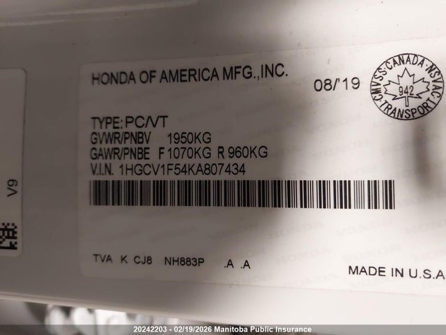 1HGCV1F54KA807434 Honda Accord Ex-l