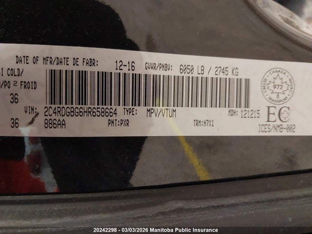 2C4RDGBG6HR658664 Dodge Grand Caravan Sxt