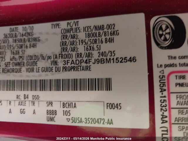 20242311 :رقم المزاد ، 3FADP4FJ9BM152546 vin ، 2011 Ford Fiesta Se مزاد بيع