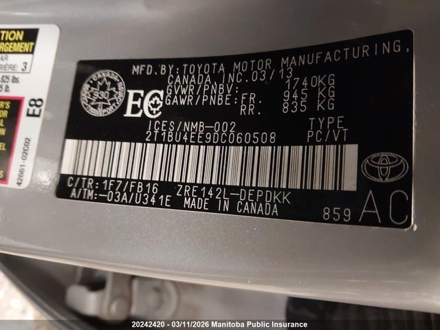 20242420 :رقم المزاد ، 2T1BU4EE9DC060508 vin ، 2013 Toyota Corolla Ce مزاد بيع