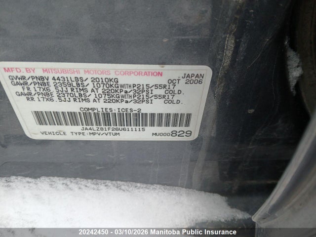 Продаж на аукціоні авто 2006 Mitsubishi Outlander Limited, vin: JA4LZ81F26U611115, номер лоту: 20242450