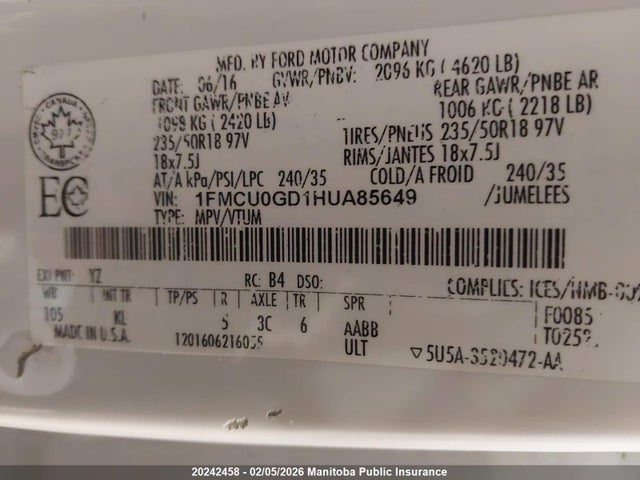 1FMCU0GD1HUA85649 Ford ESCAPE SE