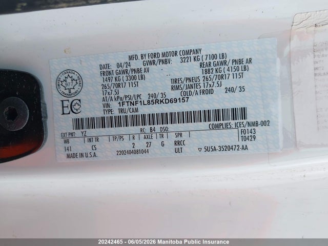 Продаж на аукціоні авто 2024 Ford F150 Xl Pickup, vin: 1FTNF1L85RKD69157, номер лоту: 20242465