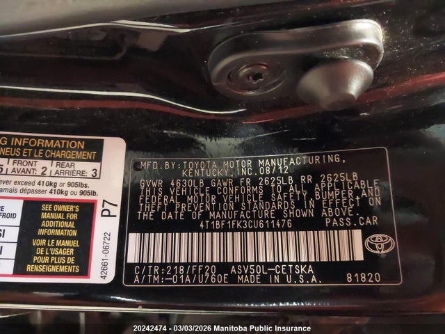 20242474 :رقم المزاد ، 4T1BF1FK3CU611476 vin ، 2012 Toyota Camry Se مزاد بيع