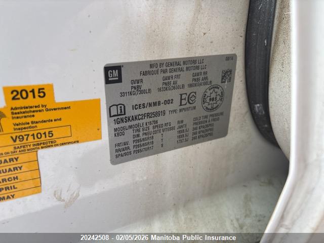 1GNSKAKC2FR258919 Chevrolet Tahoe Ls