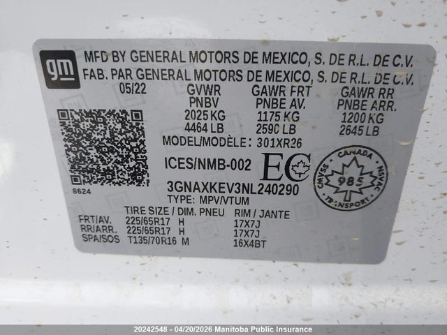 2022 Chevrolet Equinox Lt მანქანა იყიდება აუქციონზე, vin: 3GNAXKEV3NL240290, აუქციონის ნომერი: 20242548