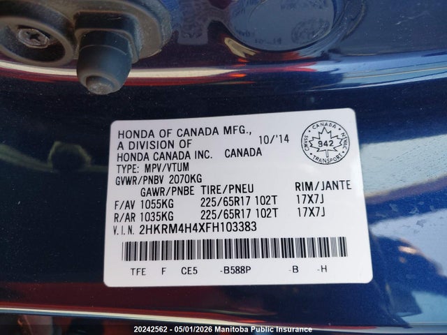 Продаж на аукціоні авто 2015 Honda Cr-v Se, vin: 2HKRM4H4XFH103383, номер лоту: 20242562