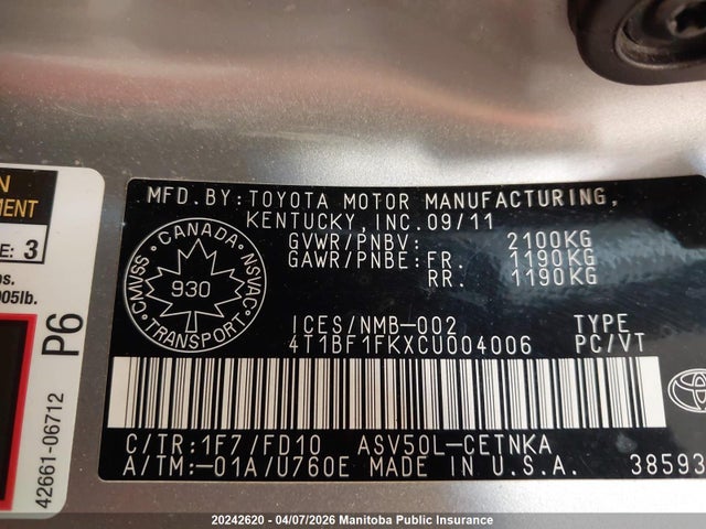 20242620 :رقم المزاد ، 4T1BF1FKXCU004006 vin ، 2012 Toyota Camry Le مزاد بيع
