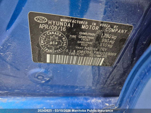 KMHD84LFXHU169069 Hyundai ELANTRA GL