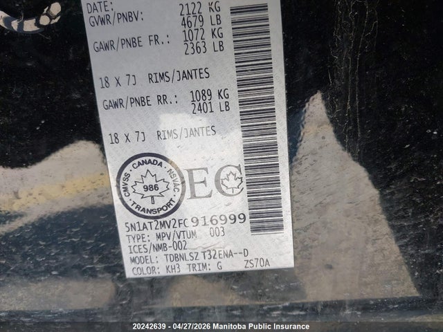 5N1AT2MV2FC916999 Nissan Rogue Sl