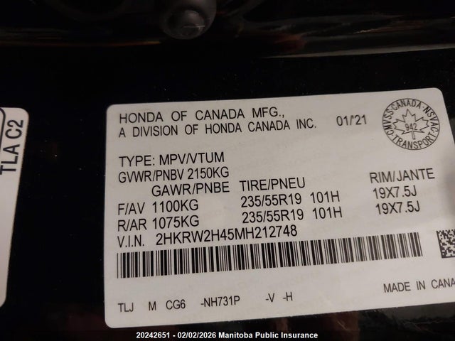 2HKRW2H45MH212748 Honda Cr-v Sport