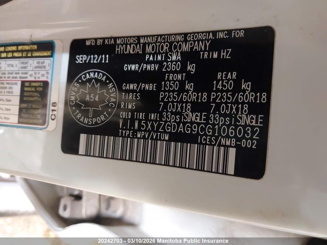 Продажа на аукционе авто 2012 Hyundai Santa Fe Gl, vin: 5XYZGDAG9CG106032, номер лота: 20242703