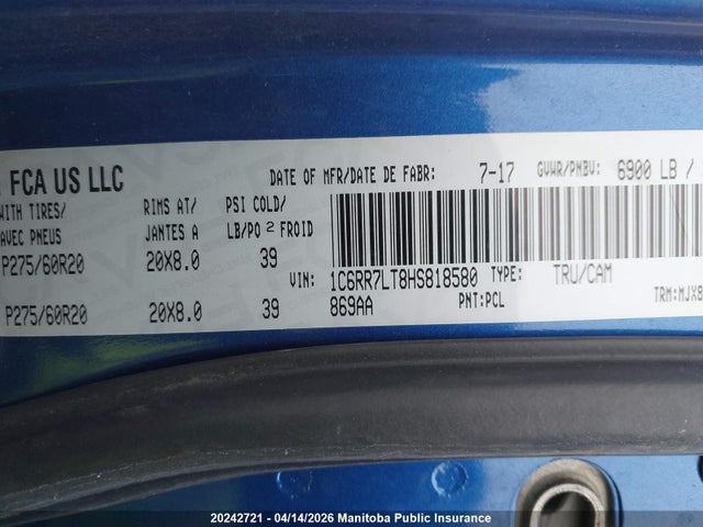 1C6RR7LT8HS818580 Dodge Ram 1500 Slt Crew Cab