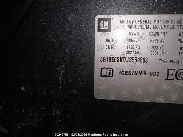 3G1BE6SM7JS584803 Chevrolet CRUZE LT