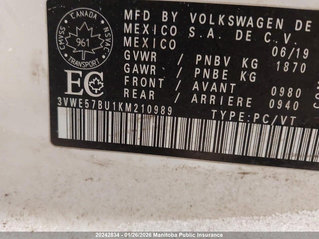 3VWE57BU1KM210989 Volkswagen Jetta 1.4 Tsi
