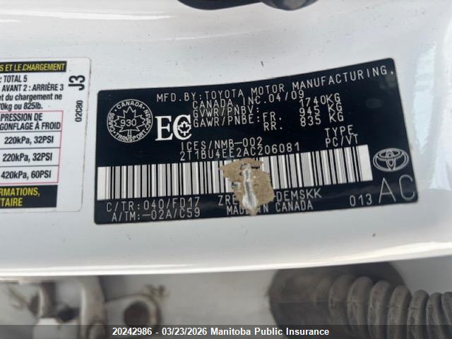 20242986 :رقم المزاد ، 2T1BU4EE2AC206081 vin ، 2010 Toyota Corolla S مزاد بيع