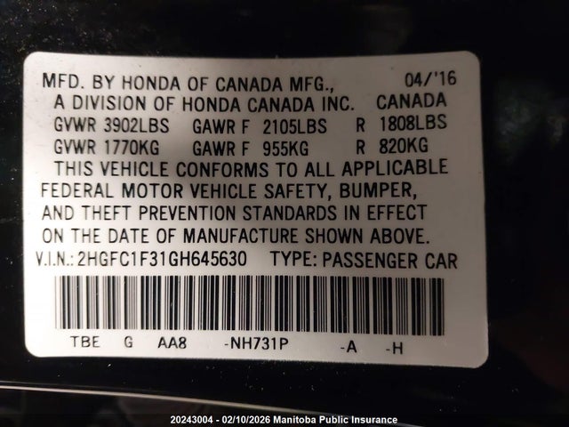 2HGFC1F31GH645630 Honda Civic Ex-t