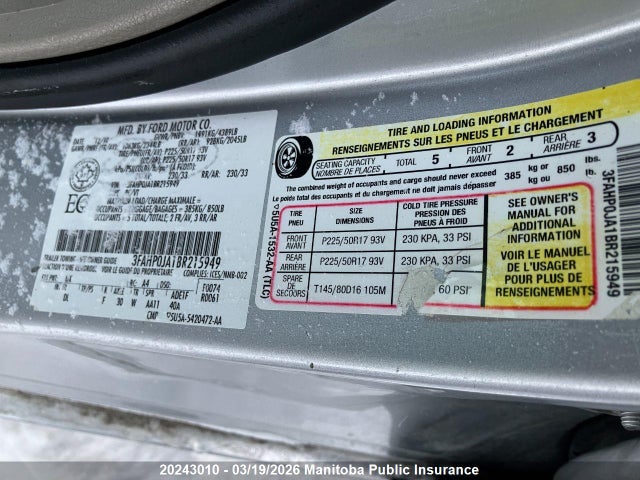 2011 Ford Fusion Sel მანქანა იყიდება აუქციონზე, vin: 3FAHP0JA1BR215949, აუქციონის ნომერი: 20243010